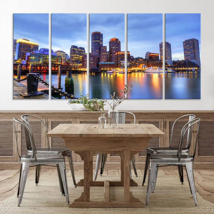 The Boston City Lights Sunset Cloudy Blue Skyline Cityscape View Wall Art Canvas Print embellishes a contemporary living room. This gallery-wrapped canvas set guarantees museum-quality canvases to enhance any space.