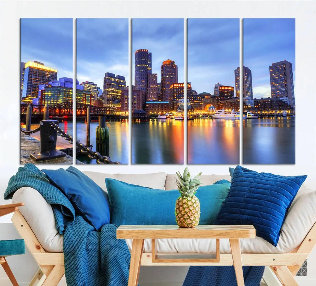 The Boston City Lights Sunset Cloudy Blue Skyline Cityscape View Wall Art Canvas Print embellishes a contemporary living room. This gallery-wrapped canvas set guarantees museum-quality canvases to enhance any space.