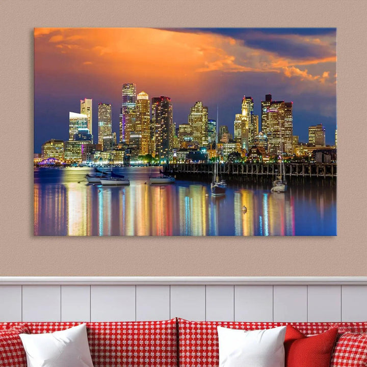 Boston City Night Blue and Orange Skyline Cityscape View Wall Art Canvas Print 