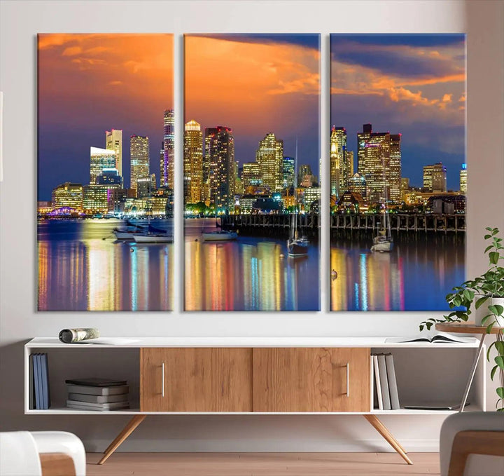 Boston City Night Blue and Orange Skyline Cityscape View Wall Art Canvas Print 