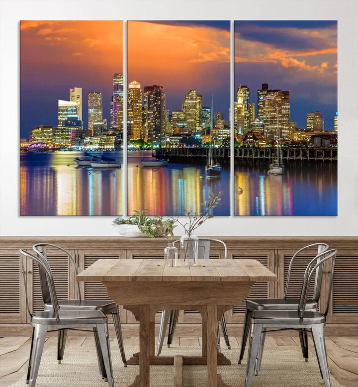 Boston City Night Blue and Orange Skyline Cityscape View Wall Art Canvas Print 