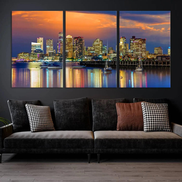 Boston City Night Blue and Orange Skyline Cityscape View Wall Art Canvas Print 