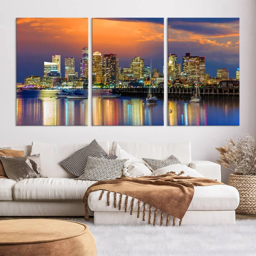 Boston City Night Blue and Orange Skyline Cityscape View Wall Art Canvas Print 