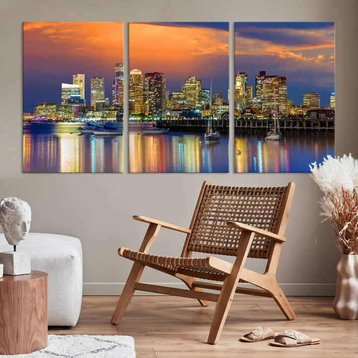 Boston City Night Blue and Orange Skyline Cityscape View Wall Art Canvas Print 