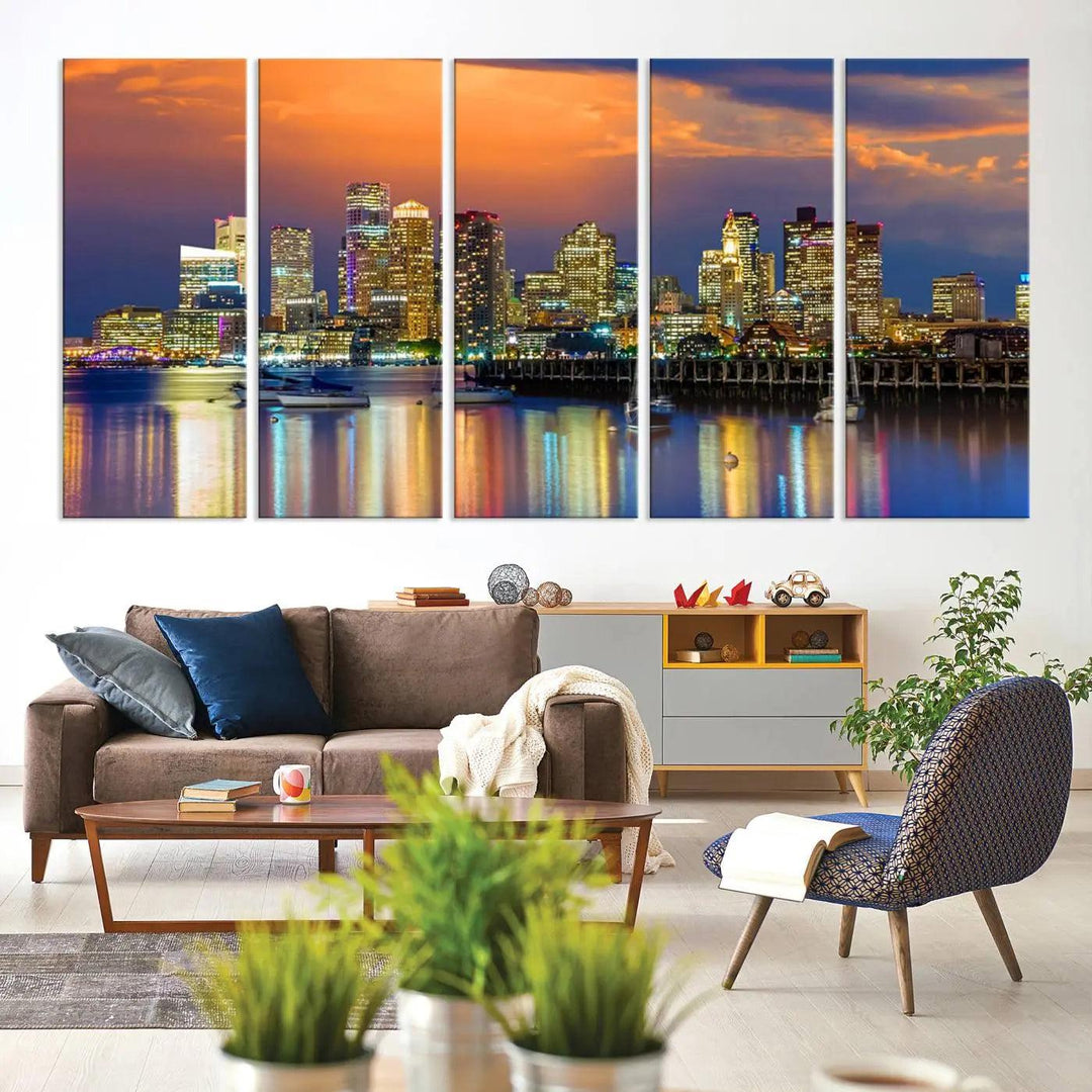 Boston City Night Blue and Orange Skyline Cityscape View Wall Art Canvas Print 