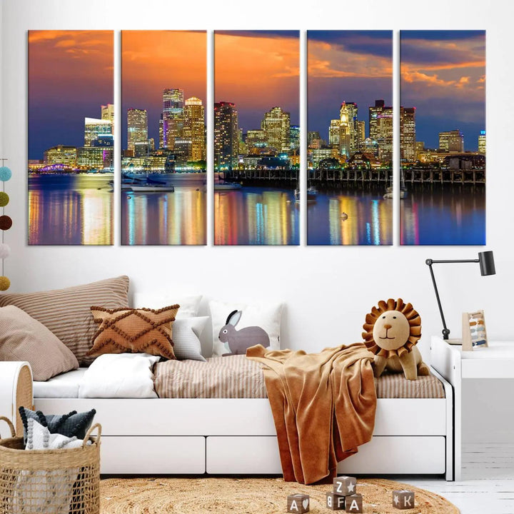 Boston City Night Blue and Orange Skyline Cityscape View Wall Art Canvas Print 