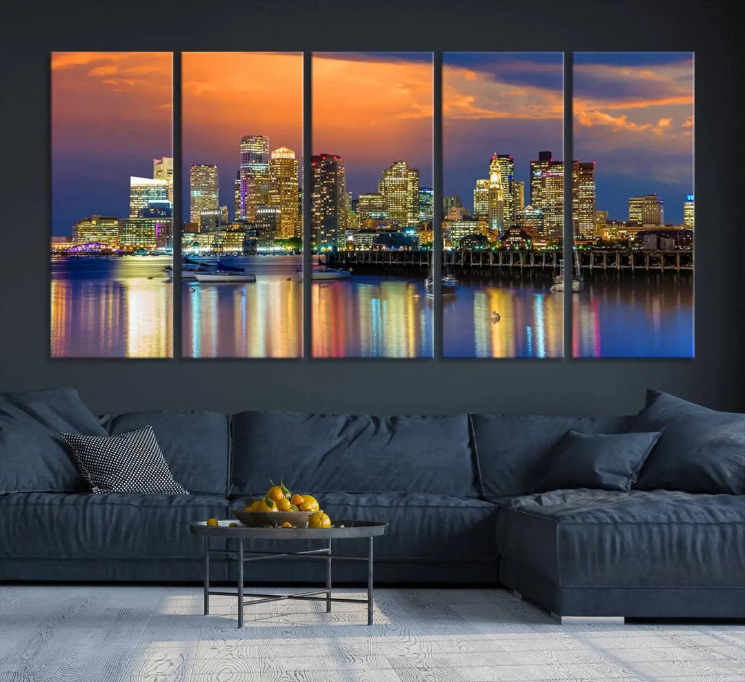 Boston City Night Blue and Orange Skyline Cityscape View Wall Art Canvas Print 