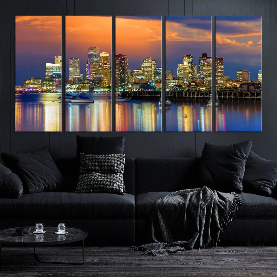 Boston City Night Blue and Orange Skyline Cityscape View Wall Art Canvas Print 