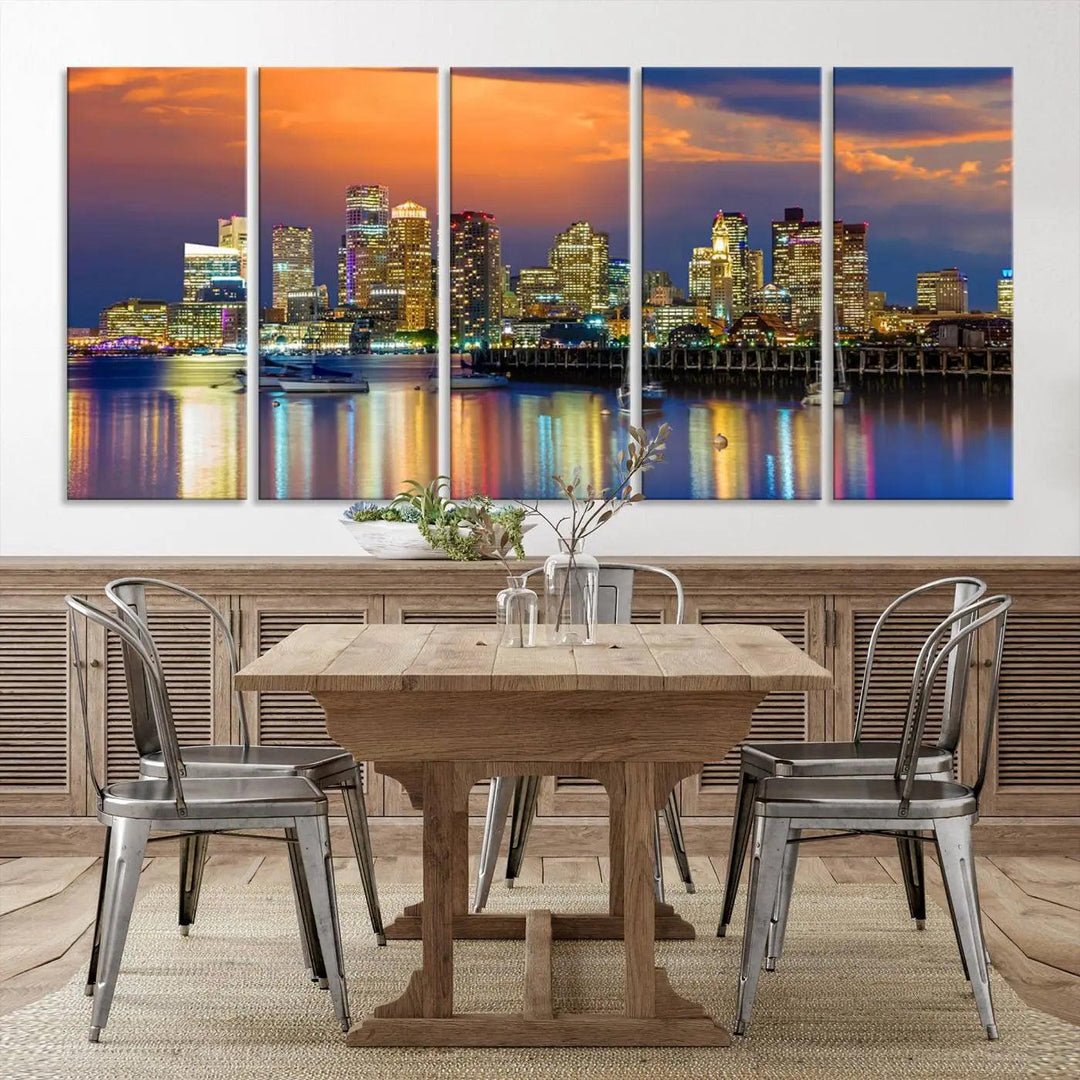 Boston City Night Blue and Orange Skyline Cityscape View Wall Art Canvas Print 