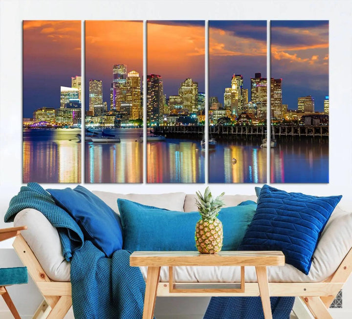 Boston City Night Blue and Orange Skyline Cityscape View Wall Art Canvas Print 