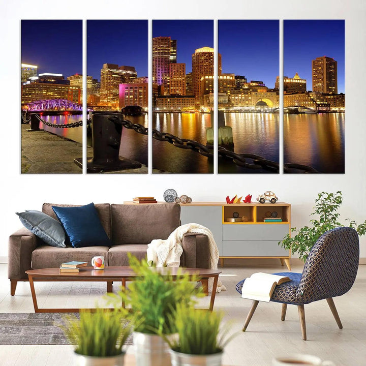 The "Boston City Night Skyline Cityscape View Wall Art Canvas Print" beautifully portrays a stunning triptych of a city skyline illuminated against the night sky, elegantly reflected in the river below. These museum-quality canvases are gallery wrapped to ensure an elegant presentation that enhances any space.