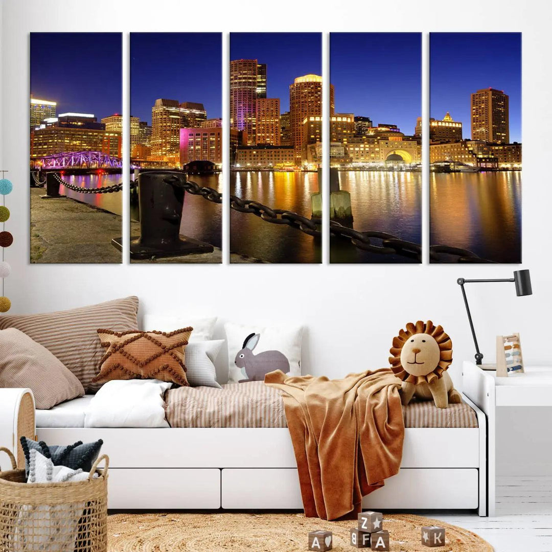 The "Boston City Night Skyline Cityscape View Wall Art Canvas Print" beautifully portrays a stunning triptych of a city skyline illuminated against the night sky, elegantly reflected in the river below. These museum-quality canvases are gallery wrapped to ensure an elegant presentation that enhances any space.