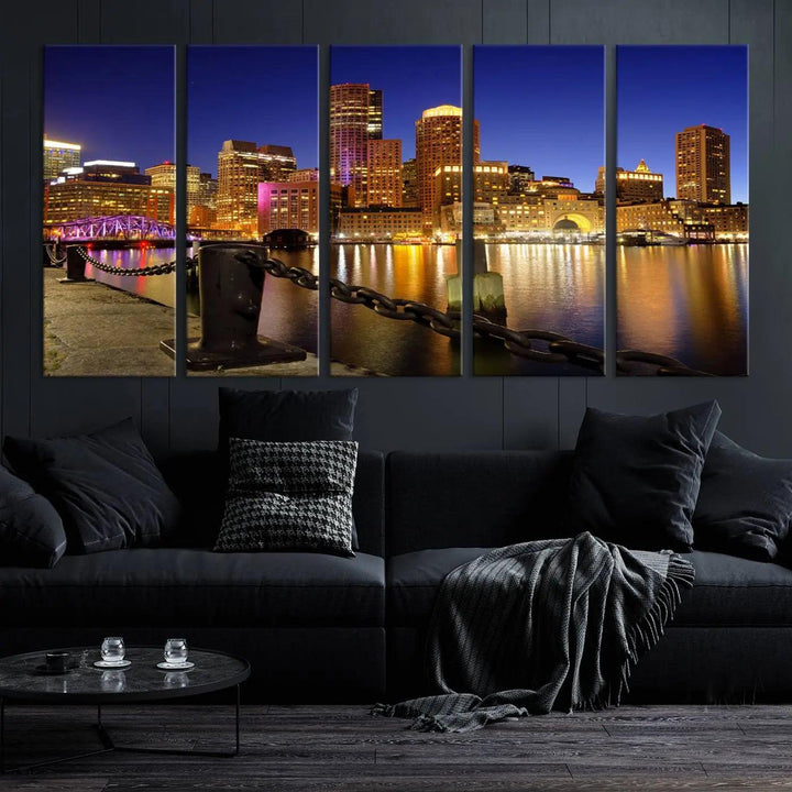 The "Boston City Night Skyline Cityscape View Wall Art Canvas Print" beautifully portrays a stunning triptych of a city skyline illuminated against the night sky, elegantly reflected in the river below. These museum-quality canvases are gallery wrapped to ensure an elegant presentation that enhances any space.