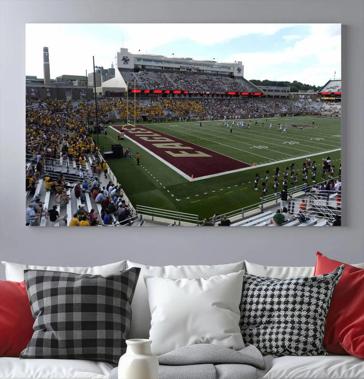 The living room is enhanced by the Boston College Eagles Football Team Print, showcasing a multi-panel wall art of the Boston Alumni Stadium filled with spectators. This piece is crafted on museum-quality canvas using high-resolution printing by a professional craftsman.