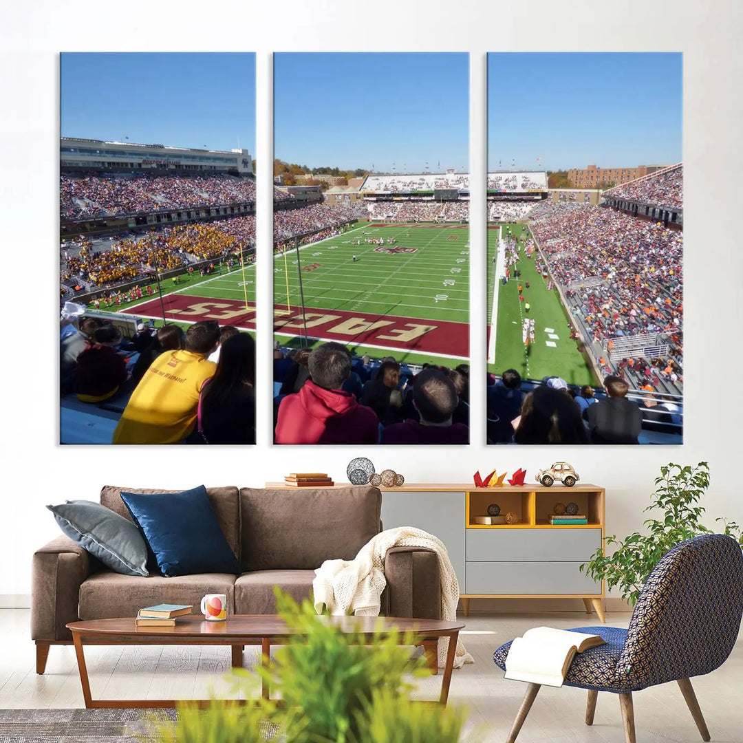 A Boston College Eagles Football Team print, depicting Alumni Stadium filled with spectators, is gallery wrapped on museum-quality canvas.