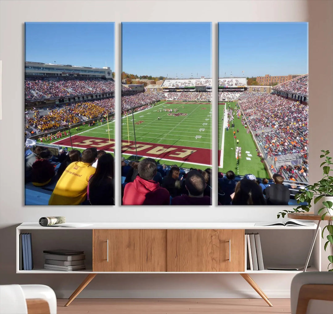 A Boston College Eagles Football Team print, depicting Alumni Stadium filled with spectators, is gallery wrapped on museum-quality canvas.