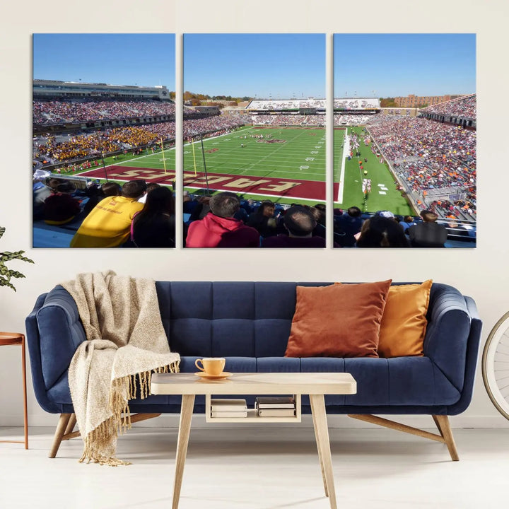 A Boston College Eagles Football Team print, depicting Alumni Stadium filled with spectators, is gallery wrapped on museum-quality canvas.