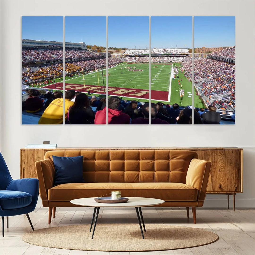 A Boston College Eagles Football Team print, depicting Alumni Stadium filled with spectators, is gallery wrapped on museum-quality canvas.