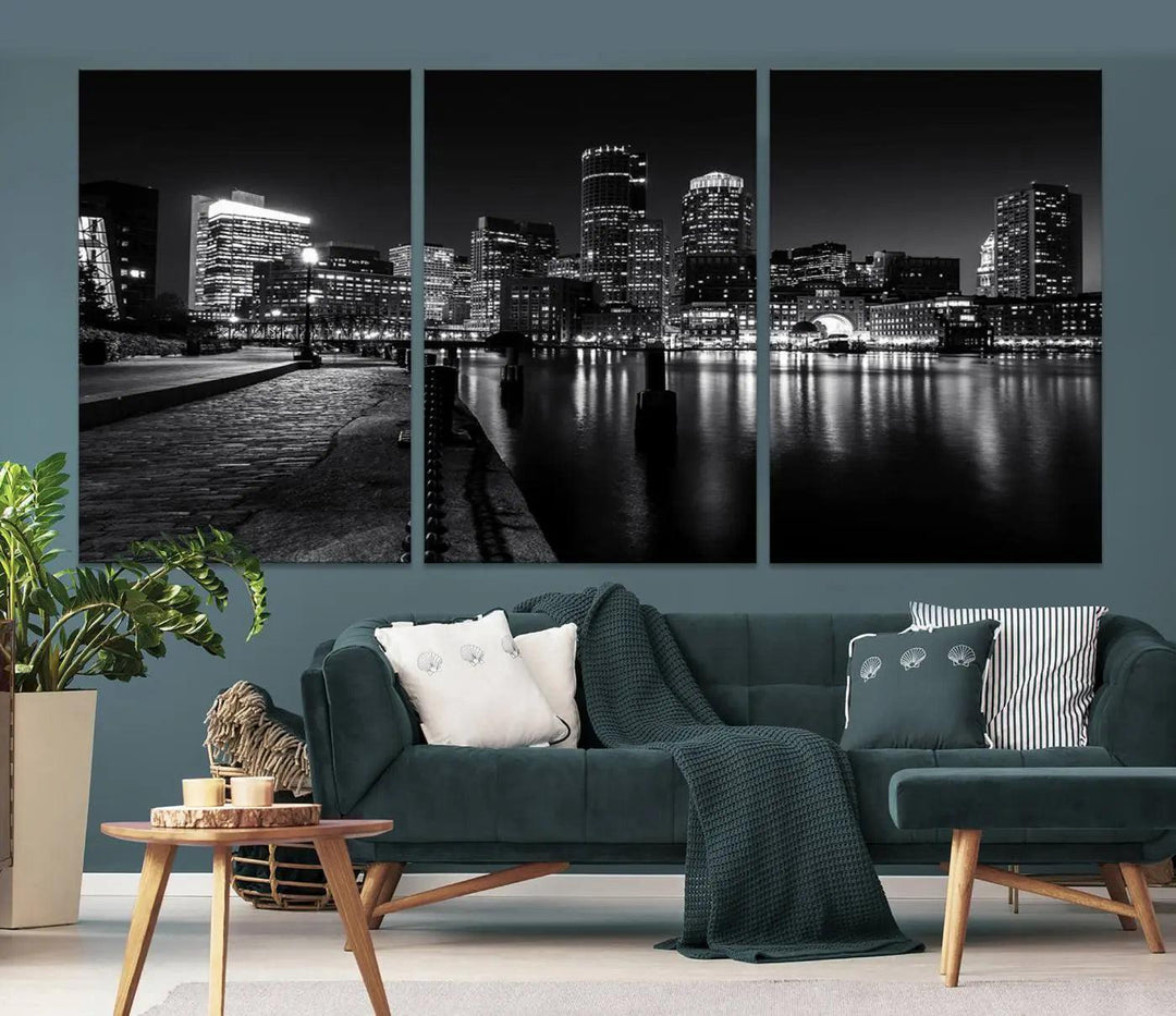 The Boston Lights Skyline Black and White Wall Art Cityscape Canvas Print, crafted with museum-quality canvas and UV-protective coating, serves as a striking triptych centerpiece in the living room.