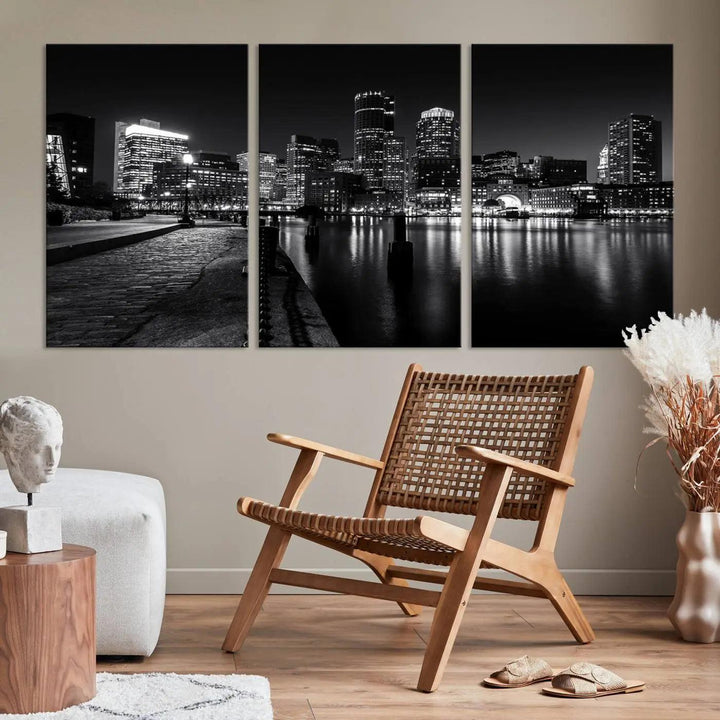 The Boston Lights Skyline Black and White Wall Art Cityscape Canvas Print, crafted with museum-quality canvas and UV-protective coating, serves as a striking triptych centerpiece in the living room.