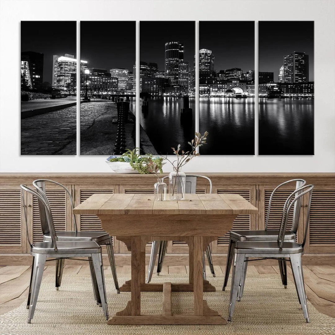 The Boston Lights Skyline Black and White Wall Art Cityscape Canvas Print, crafted with museum-quality canvas and UV-protective coating, serves as a striking triptych centerpiece in the living room.