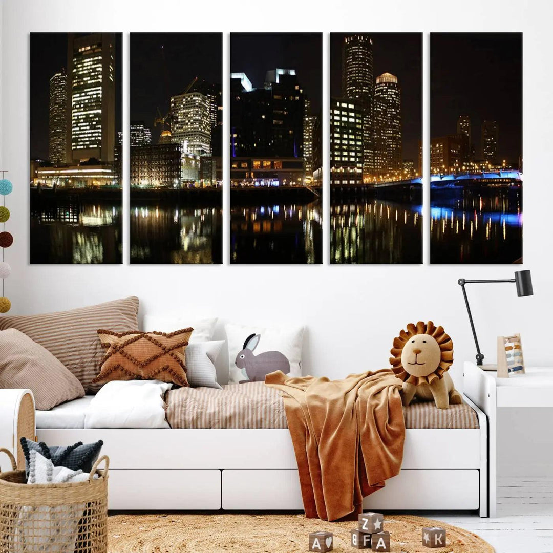 The Boston Night Skyline Cityscape View Wall Art Canvas Print depicts a triptych of the illuminated city reflected in water, enhancing a modern living room with its vibrant imagery. This gallery-wrapped masterpiece on museum-quality canvas brings an artistic flair to your space.