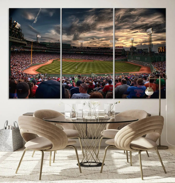 The Boston Red Sox Baseball Team Print, featuring Massachusetts's Fenway Park Stadium, brings charm and a gallery-quality finish to a cozy living room. It captures the essence of a crowded baseball stadium at sunset.