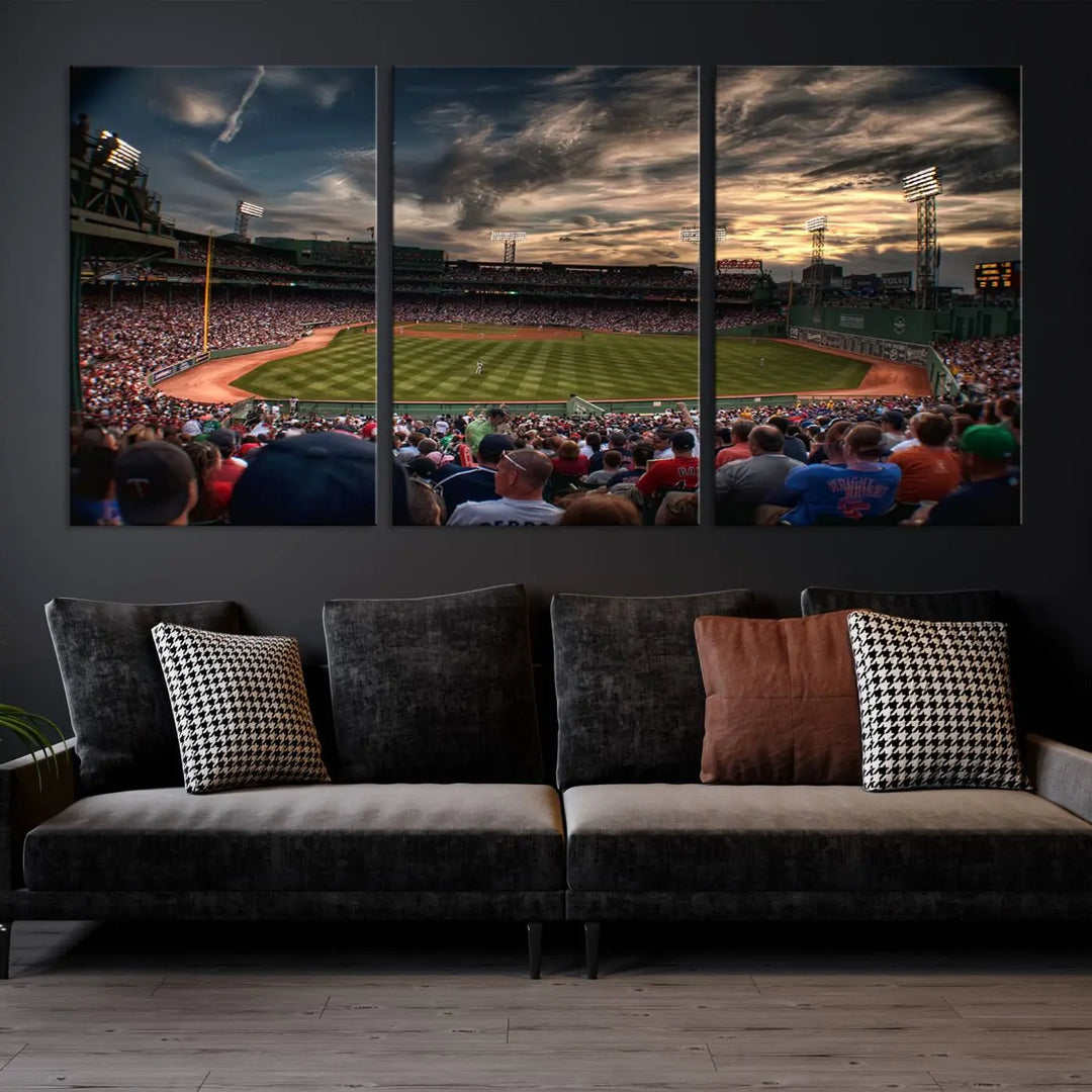 The Boston Red Sox Baseball Team Print, featuring Massachusetts's Fenway Park Stadium, brings charm and a gallery-quality finish to a cozy living room. It captures the essence of a crowded baseball stadium at sunset.