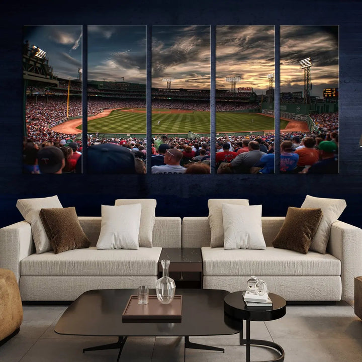 The Boston Red Sox Baseball Team Print, featuring Massachusetts's Fenway Park Stadium, brings charm and a gallery-quality finish to a cozy living room. It captures the essence of a crowded baseball stadium at sunset.