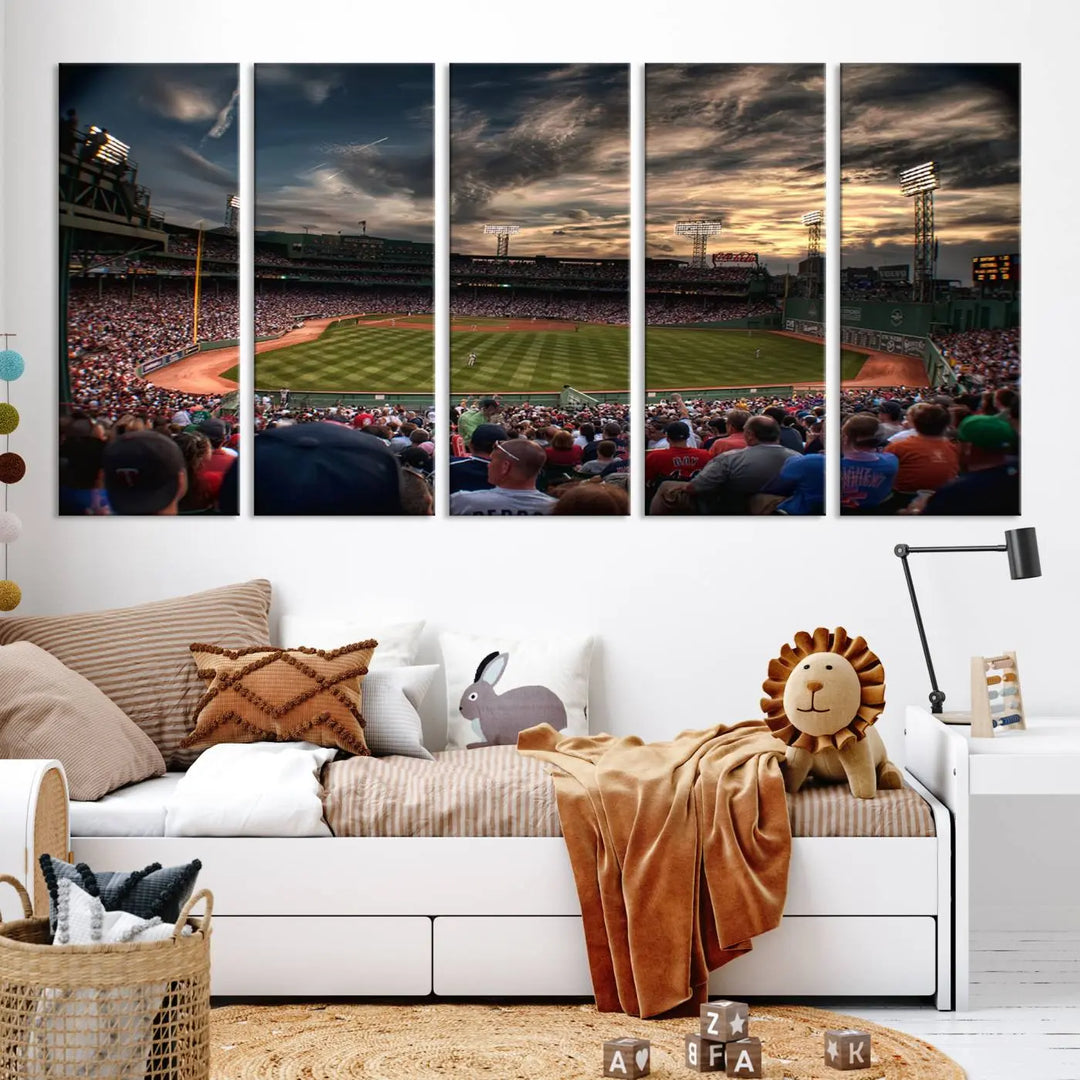 The Boston Red Sox Baseball Team Print, featuring Massachusetts's Fenway Park Stadium, brings charm and a gallery-quality finish to a cozy living room. It captures the essence of a crowded baseball stadium at sunset.