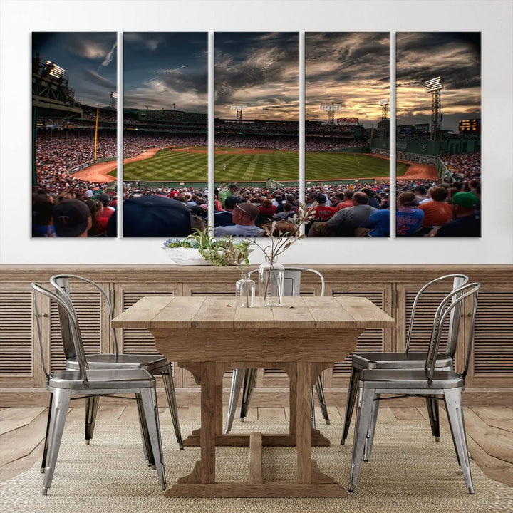 The Boston Red Sox Baseball Team Print, featuring Massachusetts's Fenway Park Stadium, brings charm and a gallery-quality finish to a cozy living room. It captures the essence of a crowded baseball stadium at sunset.