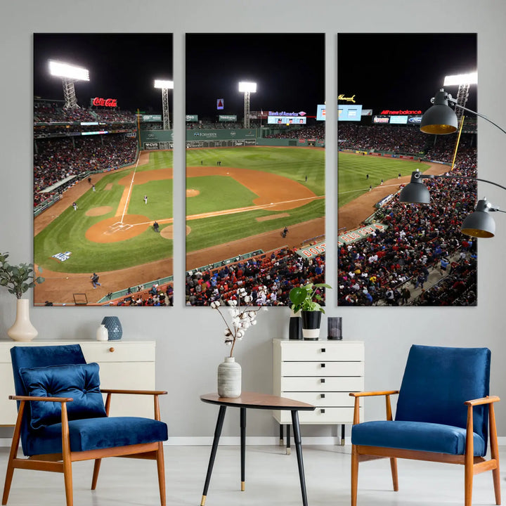 The Boston Red Sox Baseball Team Print is displayed above, featuring a panoramic nighttime view of Massachusetts' Fenway Park Stadium. This wall art is crafted on museum-quality canvas with high-resolution printing and UV-protective coating, ensuring lasting vibrancy and elegance.