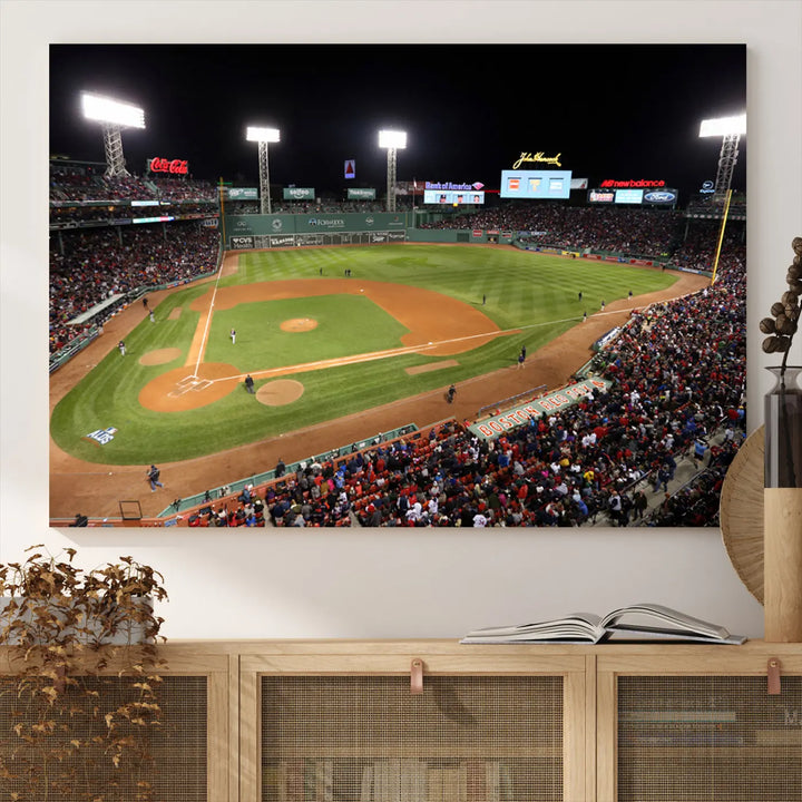 The Boston Red Sox Baseball Team Print is displayed above, featuring a panoramic nighttime view of Massachusetts' Fenway Park Stadium. This wall art is crafted on museum-quality canvas with high-resolution printing and UV-protective coating, ensuring lasting vibrancy and elegance.