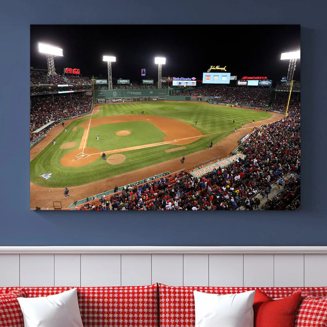 The Boston Red Sox Baseball Team Print is displayed above, featuring a panoramic nighttime view of Massachusetts' Fenway Park Stadium. This wall art is crafted on museum-quality canvas with high-resolution printing and UV-protective coating, ensuring lasting vibrancy and elegance.