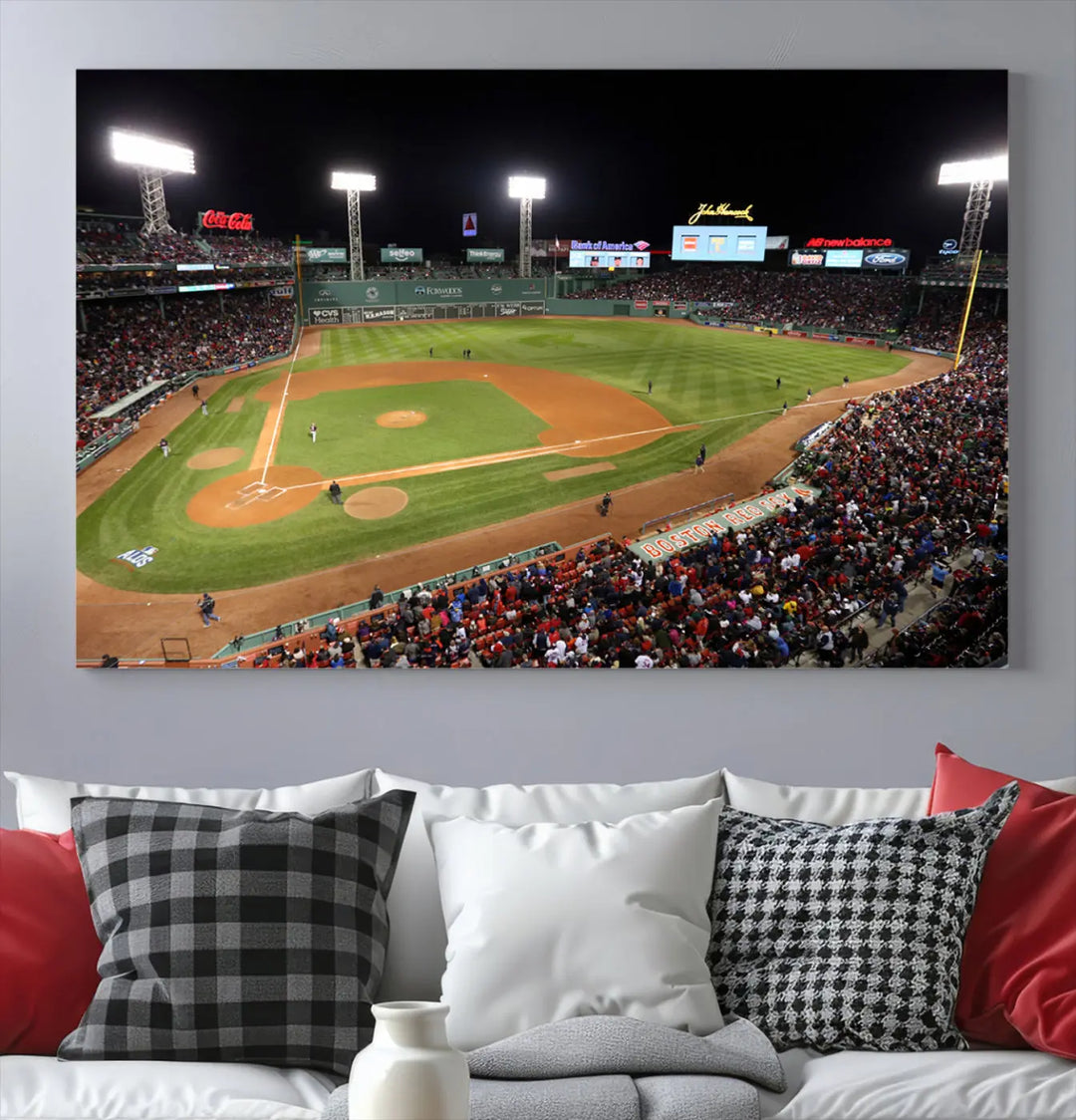 The Boston Red Sox Baseball Team Print is displayed above, featuring a panoramic nighttime view of Massachusetts' Fenway Park Stadium. This wall art is crafted on museum-quality canvas with high-resolution printing and UV-protective coating, ensuring lasting vibrancy and elegance.