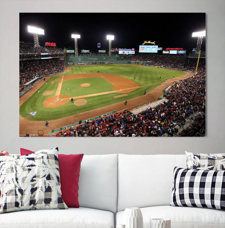 The Boston Red Sox Baseball Team Print is displayed above, featuring a panoramic nighttime view of Massachusetts' Fenway Park Stadium. This wall art is crafted on museum-quality canvas with high-resolution printing and UV-protective coating, ensuring lasting vibrancy and elegance.