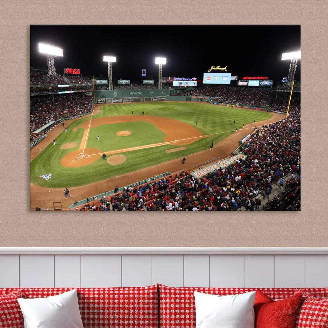 The Boston Red Sox Baseball Team Print is displayed above, featuring a panoramic nighttime view of Massachusetts' Fenway Park Stadium. This wall art is crafted on museum-quality canvas with high-resolution printing and UV-protective coating, ensuring lasting vibrancy and elegance.