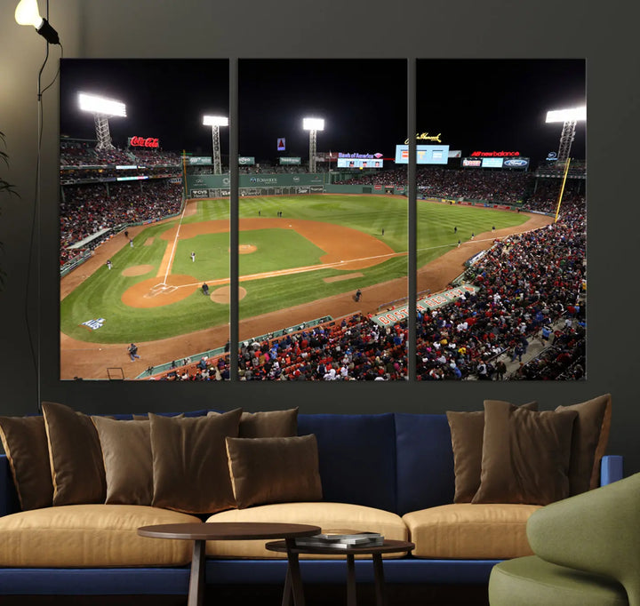 The Boston Red Sox Baseball Team Print is displayed above, featuring a panoramic nighttime view of Massachusetts' Fenway Park Stadium. This wall art is crafted on museum-quality canvas with high-resolution printing and UV-protective coating, ensuring lasting vibrancy and elegance.