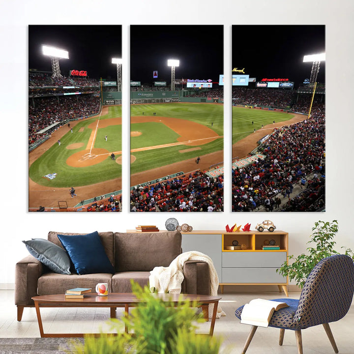 The Boston Red Sox Baseball Team Print is displayed above, featuring a panoramic nighttime view of Massachusetts' Fenway Park Stadium. This wall art is crafted on museum-quality canvas with high-resolution printing and UV-protective coating, ensuring lasting vibrancy and elegance.