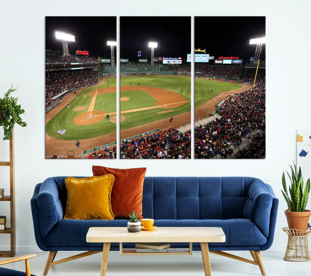 The Boston Red Sox Baseball Team Print is displayed above, featuring a panoramic nighttime view of Massachusetts' Fenway Park Stadium. This wall art is crafted on museum-quality canvas with high-resolution printing and UV-protective coating, ensuring lasting vibrancy and elegance.