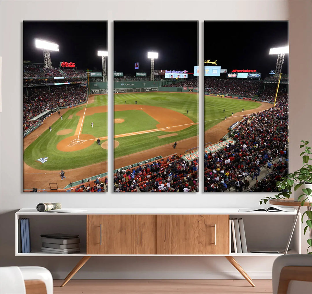 The Boston Red Sox Baseball Team Print is displayed above, featuring a panoramic nighttime view of Massachusetts' Fenway Park Stadium. This wall art is crafted on museum-quality canvas with high-resolution printing and UV-protective coating, ensuring lasting vibrancy and elegance.