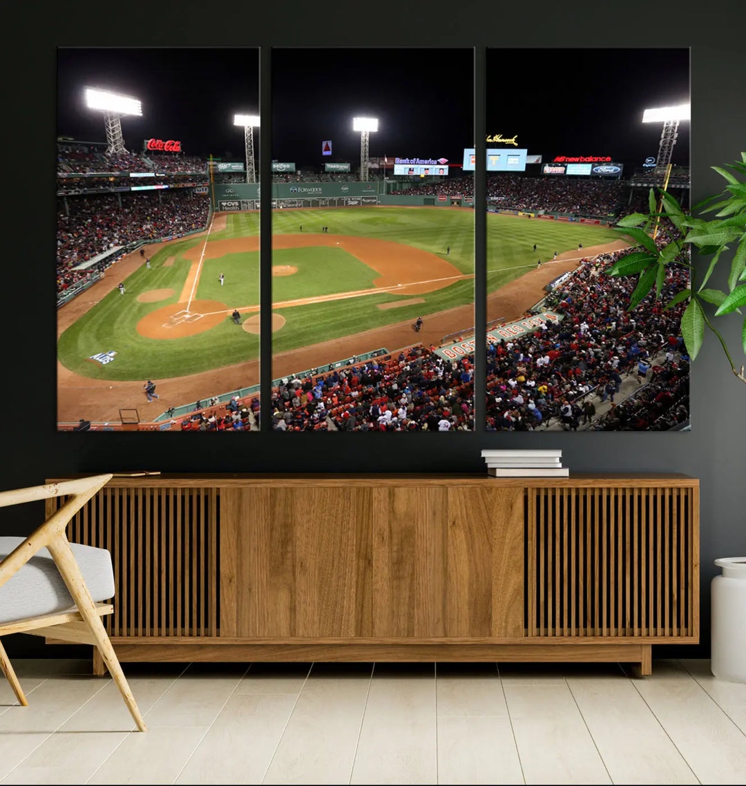 The Boston Red Sox Baseball Team Print is displayed above, featuring a panoramic nighttime view of Massachusetts' Fenway Park Stadium. This wall art is crafted on museum-quality canvas with high-resolution printing and UV-protective coating, ensuring lasting vibrancy and elegance.