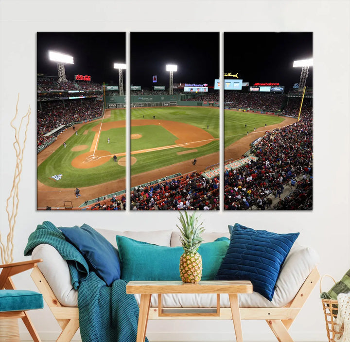 The Boston Red Sox Baseball Team Print is displayed above, featuring a panoramic nighttime view of Massachusetts' Fenway Park Stadium. This wall art is crafted on museum-quality canvas with high-resolution printing and UV-protective coating, ensuring lasting vibrancy and elegance.