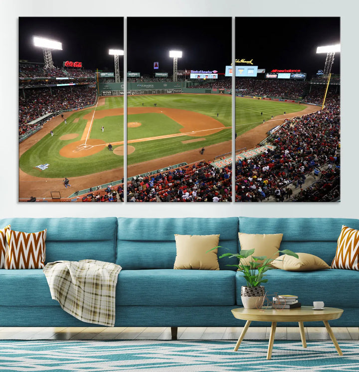 The Boston Red Sox Baseball Team Print is displayed above, featuring a panoramic nighttime view of Massachusetts' Fenway Park Stadium. This wall art is crafted on museum-quality canvas with high-resolution printing and UV-protective coating, ensuring lasting vibrancy and elegance.