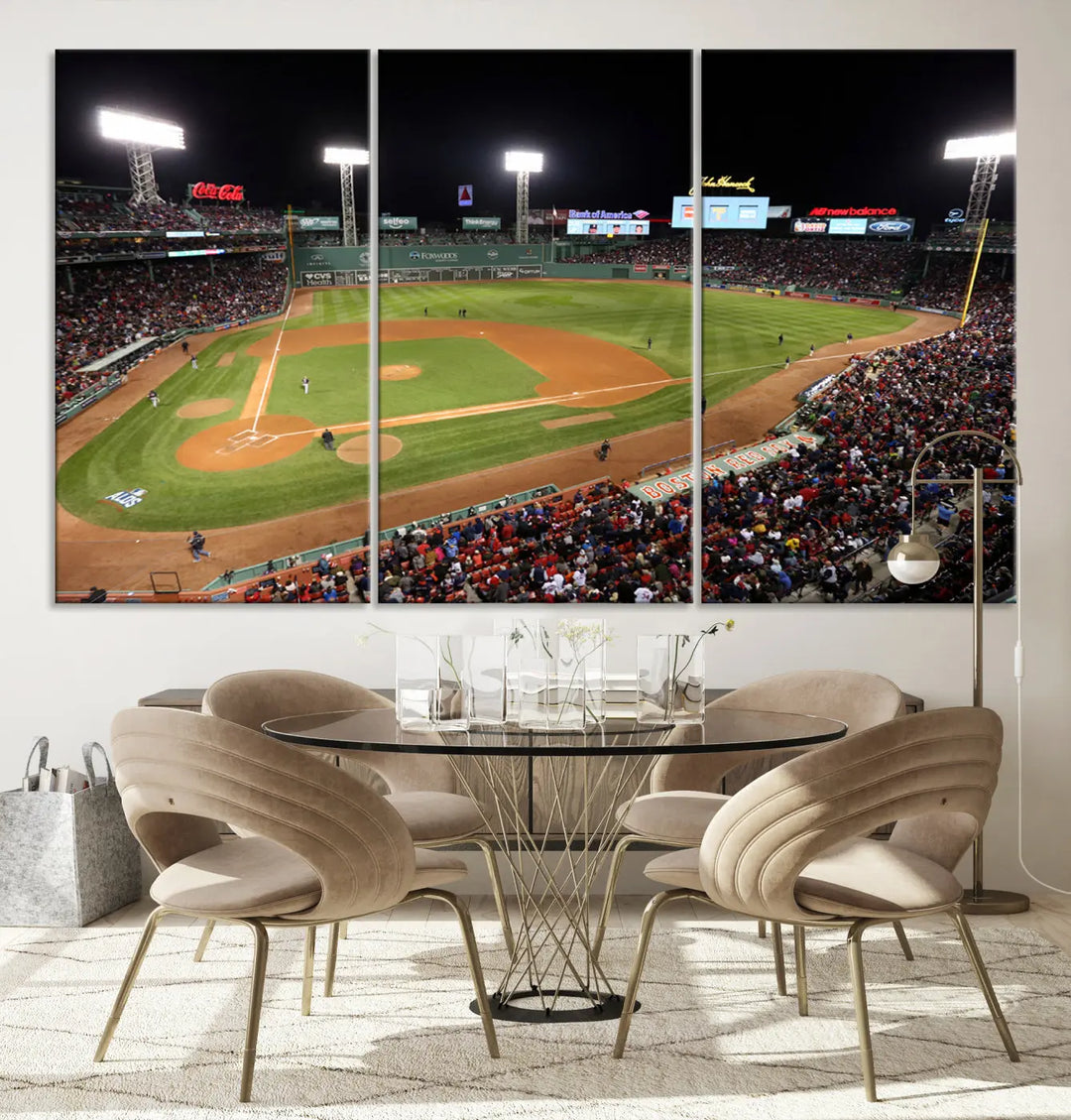 The Boston Red Sox Baseball Team Print is displayed above, featuring a panoramic nighttime view of Massachusetts' Fenway Park Stadium. This wall art is crafted on museum-quality canvas with high-resolution printing and UV-protective coating, ensuring lasting vibrancy and elegance.