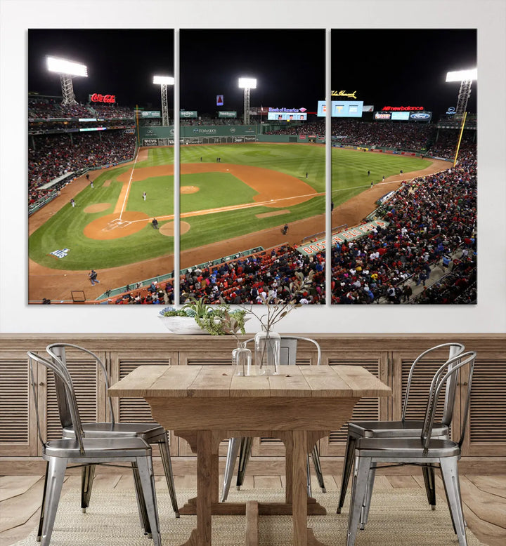 The Boston Red Sox Baseball Team Print is displayed above, featuring a panoramic nighttime view of Massachusetts' Fenway Park Stadium. This wall art is crafted on museum-quality canvas with high-resolution printing and UV-protective coating, ensuring lasting vibrancy and elegance.