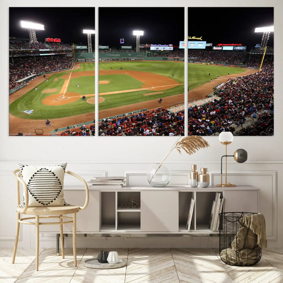 The Boston Red Sox Baseball Team Print is displayed above, featuring a panoramic nighttime view of Massachusetts' Fenway Park Stadium. This wall art is crafted on museum-quality canvas with high-resolution printing and UV-protective coating, ensuring lasting vibrancy and elegance.