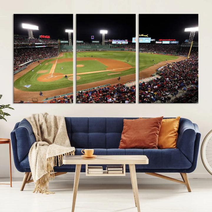 The Boston Red Sox Baseball Team Print is displayed above, featuring a panoramic nighttime view of Massachusetts' Fenway Park Stadium. This wall art is crafted on museum-quality canvas with high-resolution printing and UV-protective coating, ensuring lasting vibrancy and elegance.