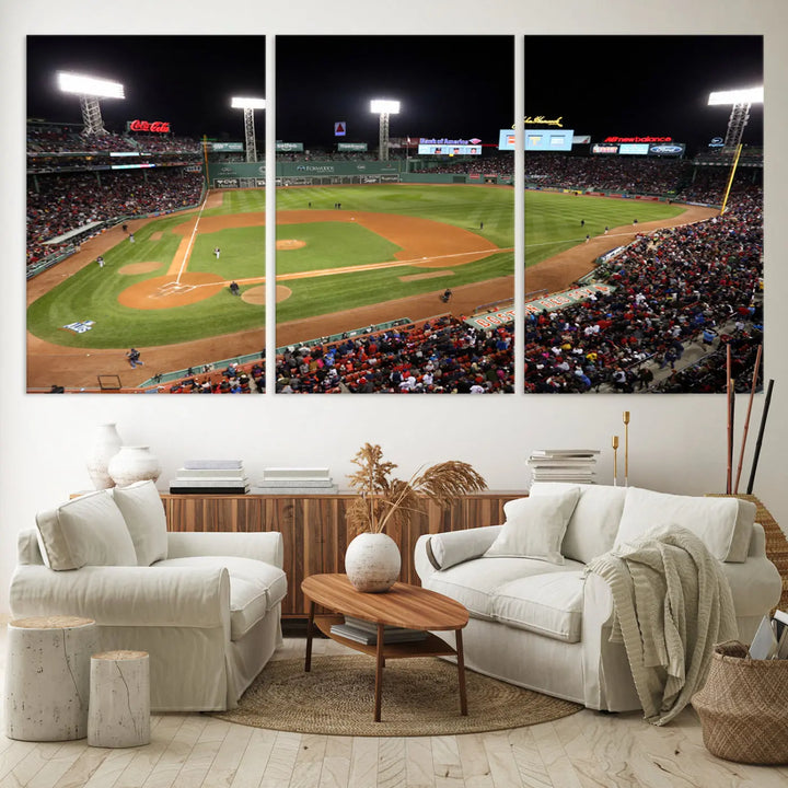 The Boston Red Sox Baseball Team Print is displayed above, featuring a panoramic nighttime view of Massachusetts' Fenway Park Stadium. This wall art is crafted on museum-quality canvas with high-resolution printing and UV-protective coating, ensuring lasting vibrancy and elegance.