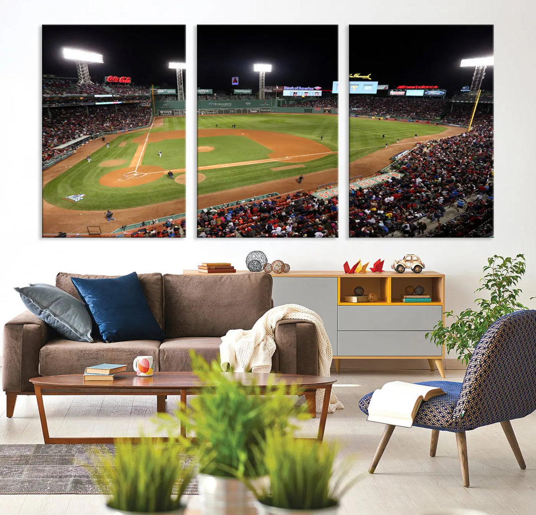 The Boston Red Sox Baseball Team Print is displayed above, featuring a panoramic nighttime view of Massachusetts' Fenway Park Stadium. This wall art is crafted on museum-quality canvas with high-resolution printing and UV-protective coating, ensuring lasting vibrancy and elegance.